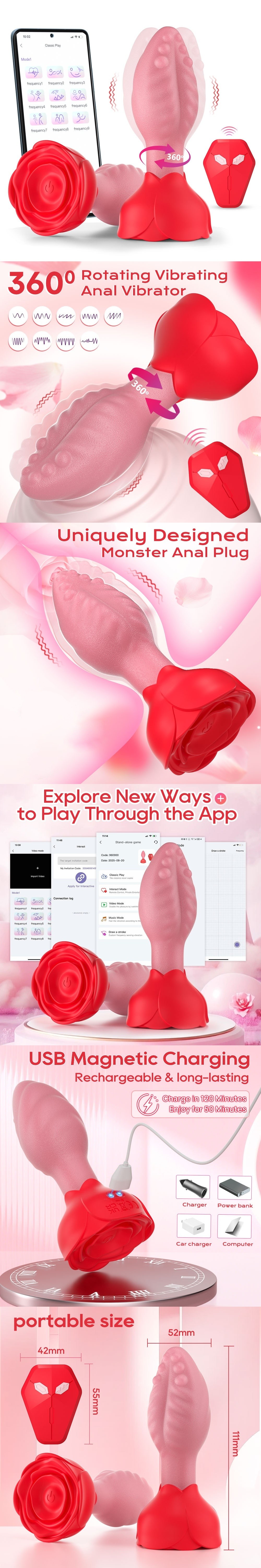 venusfun rose rotating vibrating butt plug anal vibrator backdoor toy app controlled anal stim