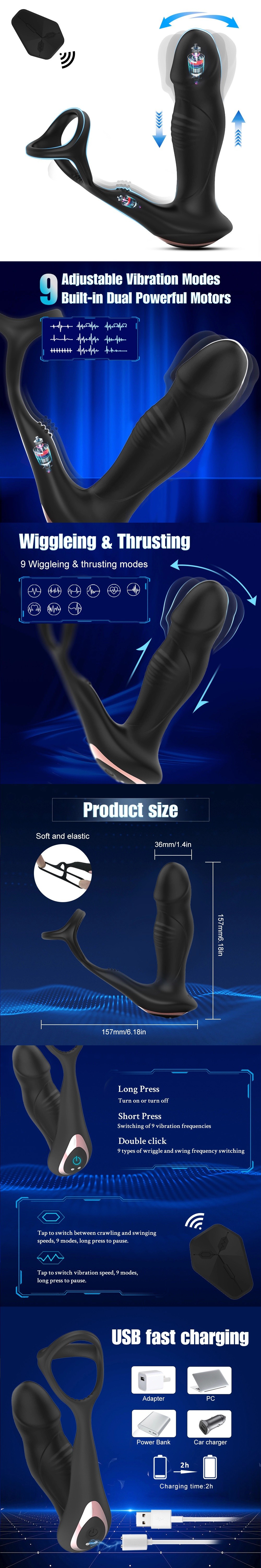 venusfun wiggle 9 speeds 2 in 1 prostate massager vibrating anal trainer cock ring with remote