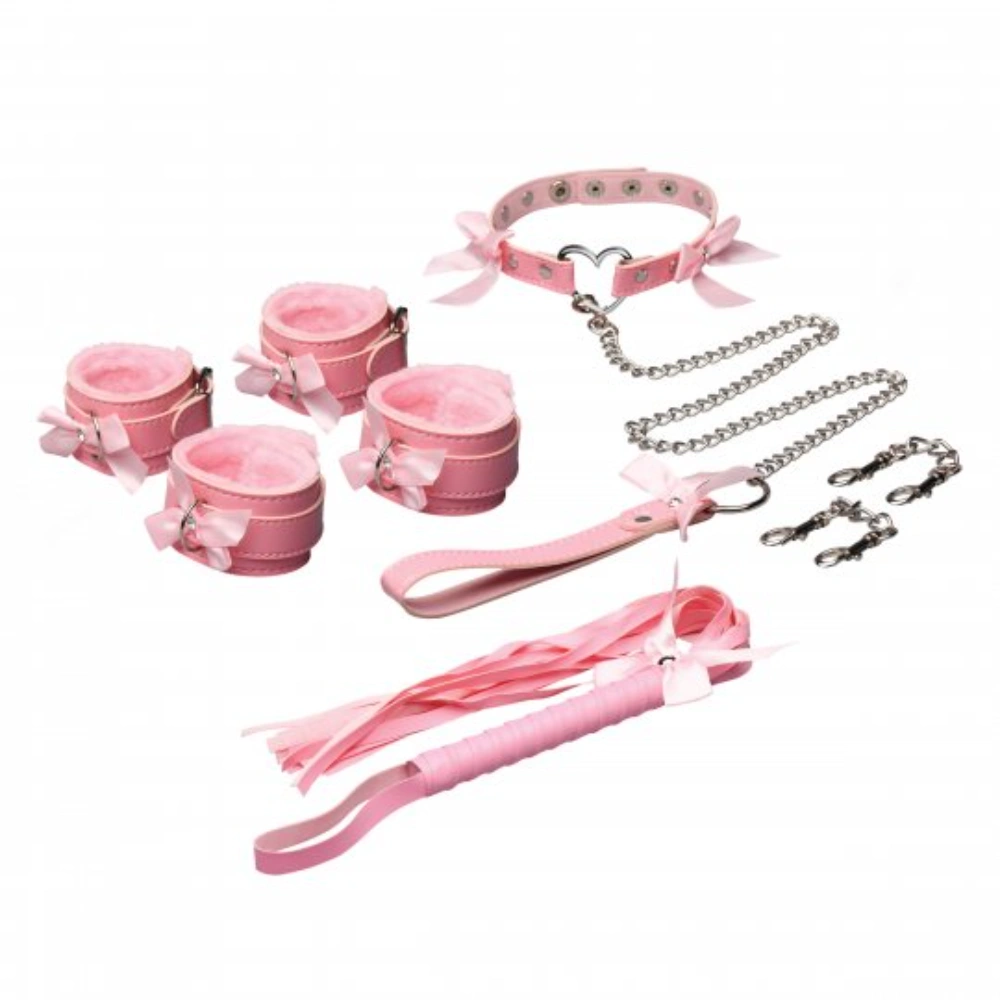 bondage kit pink leash and bow accented cuffs