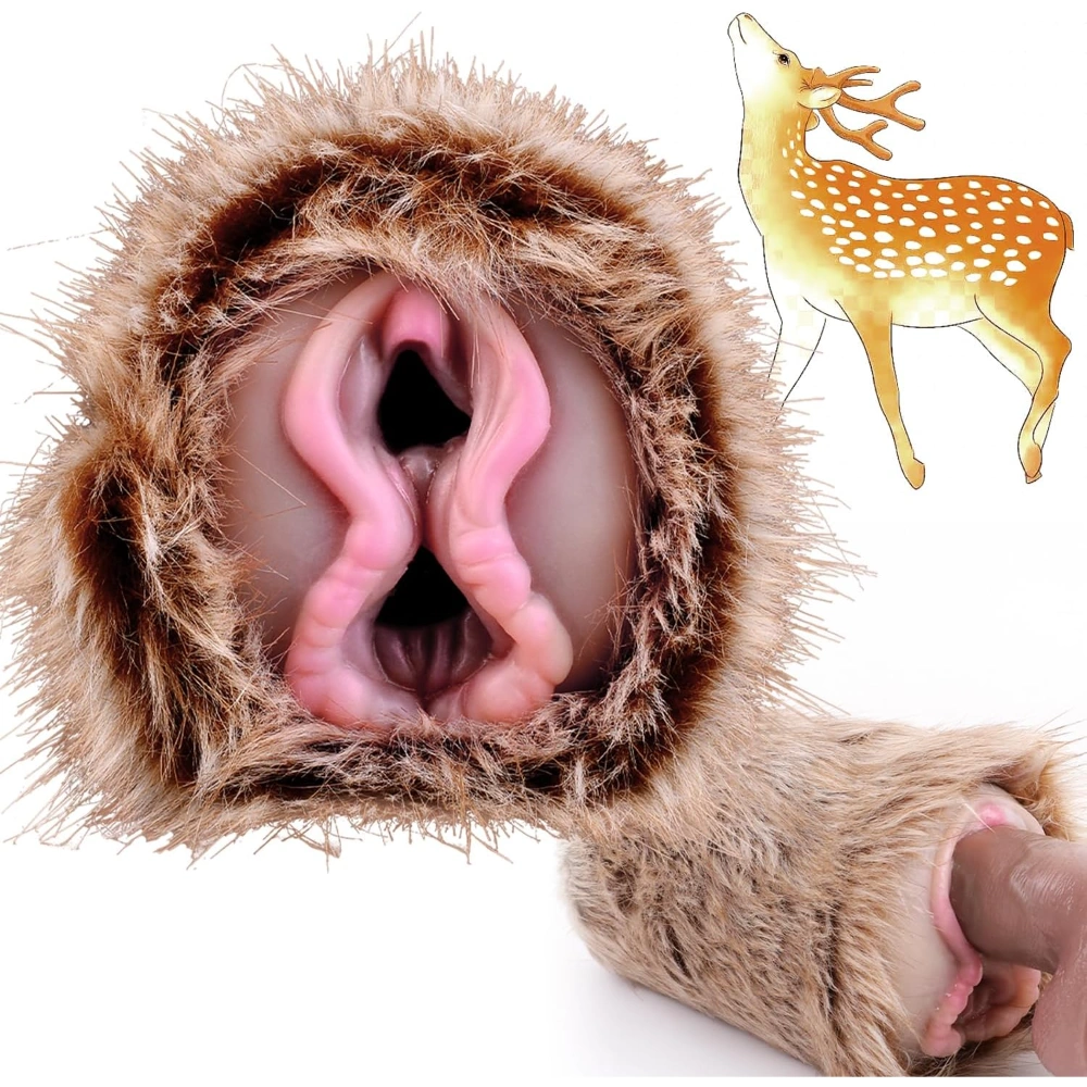 GEEBA Animal Pussy Deer Male Masturbator Dual Channel 3D Ribbed Tunnel Plush Soft Silicone