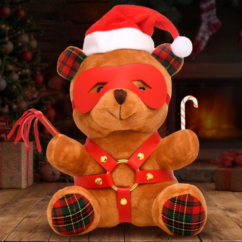 XR Brands Christmas Bondage Bear Plush for Adults Soft Cuddly Mask Harness Candy Cane