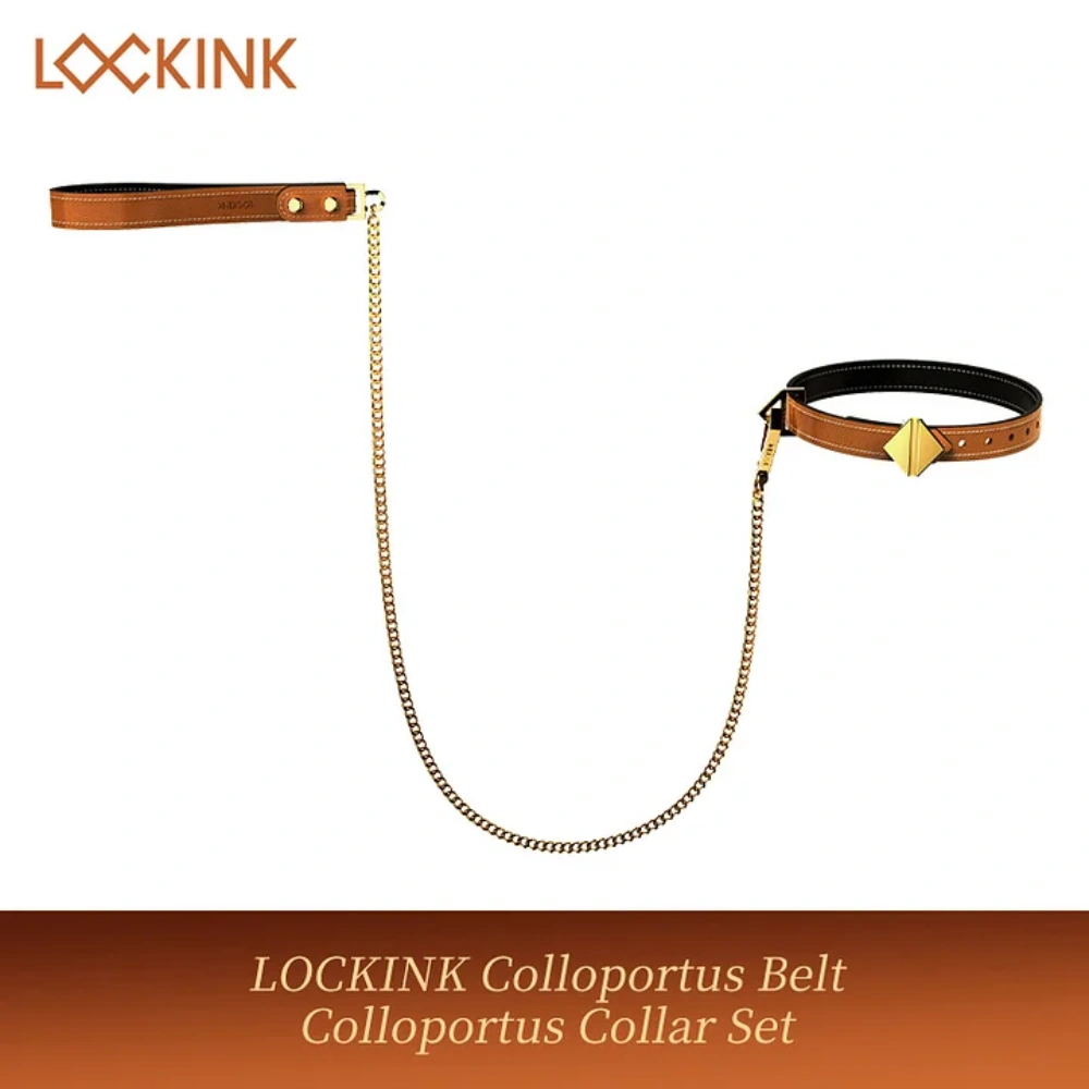 LOCKINK Adjustable Colloportus Belt Restraint Collar with Leash Chain Couples BDSM Toy