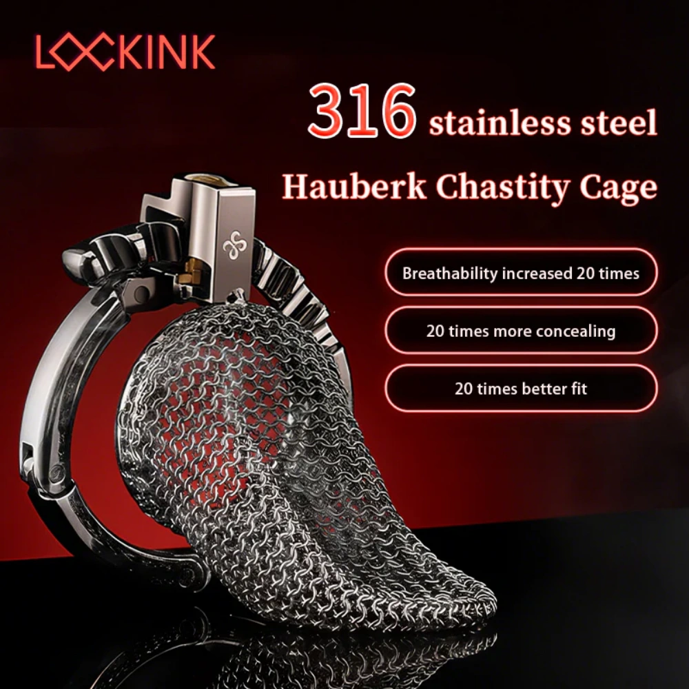 LOCKINK Stainless Steel Hauberk Chastity Cage Breathable BDSM Chastity Lock With Adjustable Ring