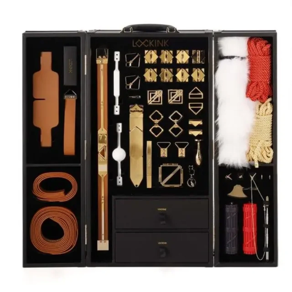 LOCKINK Luxury BDSM Kit open lockable trunk with organized leather bondage accessories
