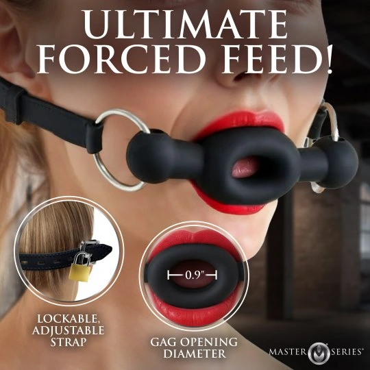 Master Series Forced Ring Gag Silicone Feeding Gag Adjustable Strap Locking Oral Control