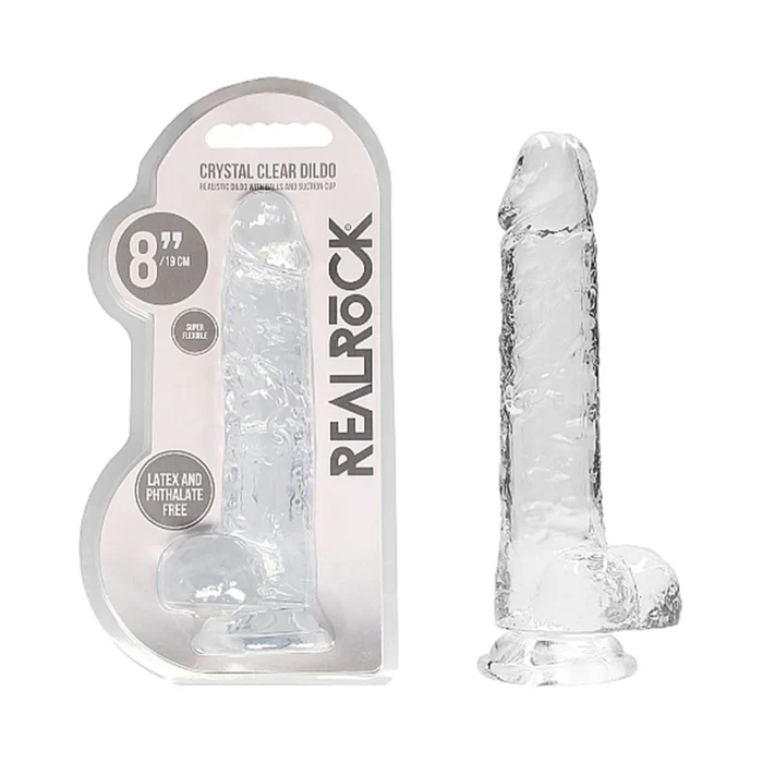 Shots RealRock 8 Inch Crystal Clear Realistic Dildo Balls Suction Cup Soft TPE for Solo