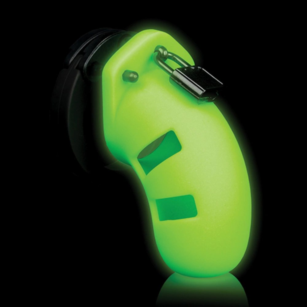 Shots Ouch Model 20 glow in the dark green chastity cage in low light
