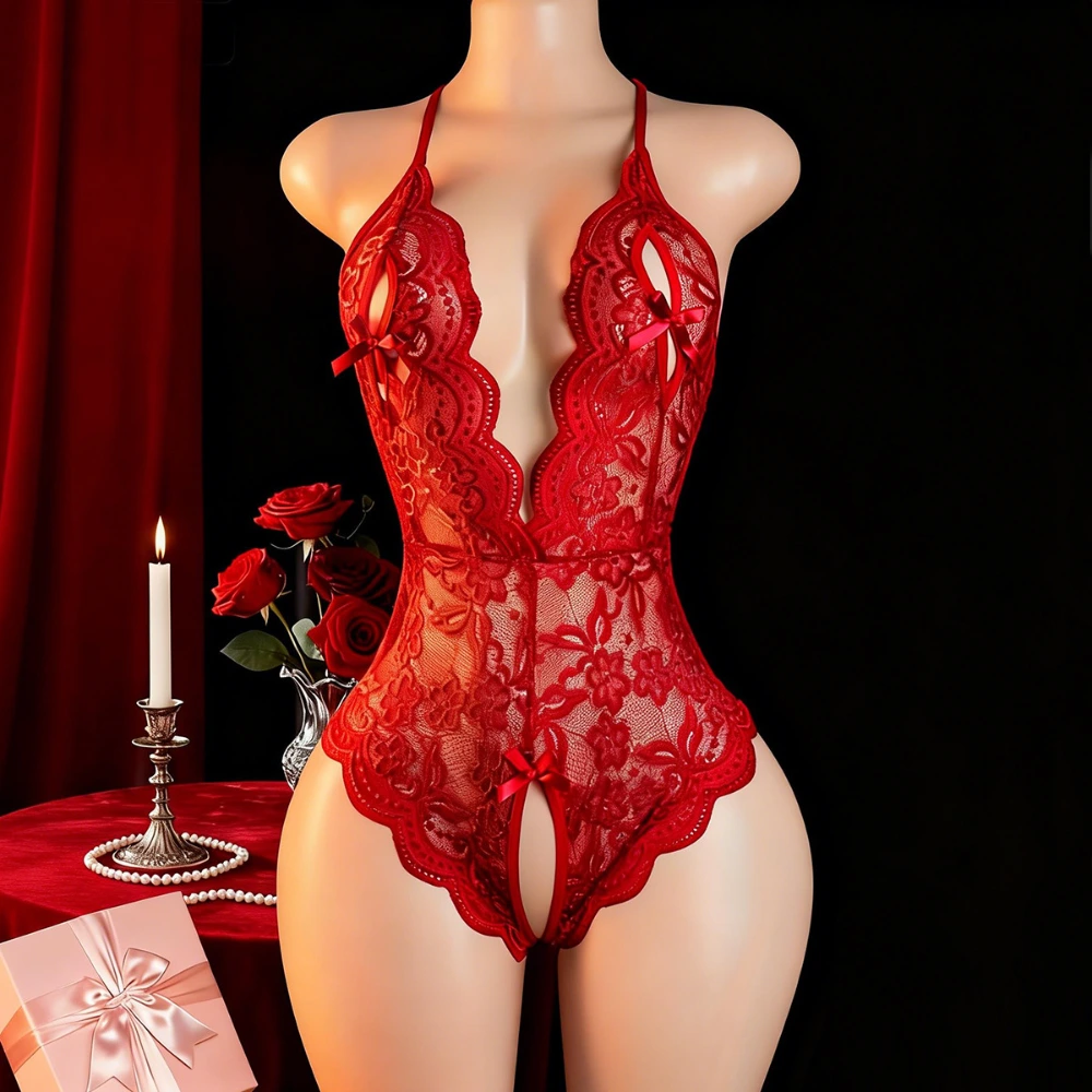Venusfun Lacy Lingerie Bodysuit for Women Sheer Lace Open Crotch Curve Fit Nightwear