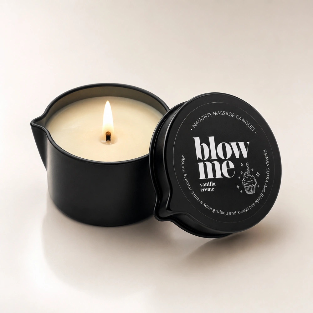 Kama Sutra Blow Me Tin Massage Candle with Pour Spout Vanilla Creme Warming Body Oil for Couples