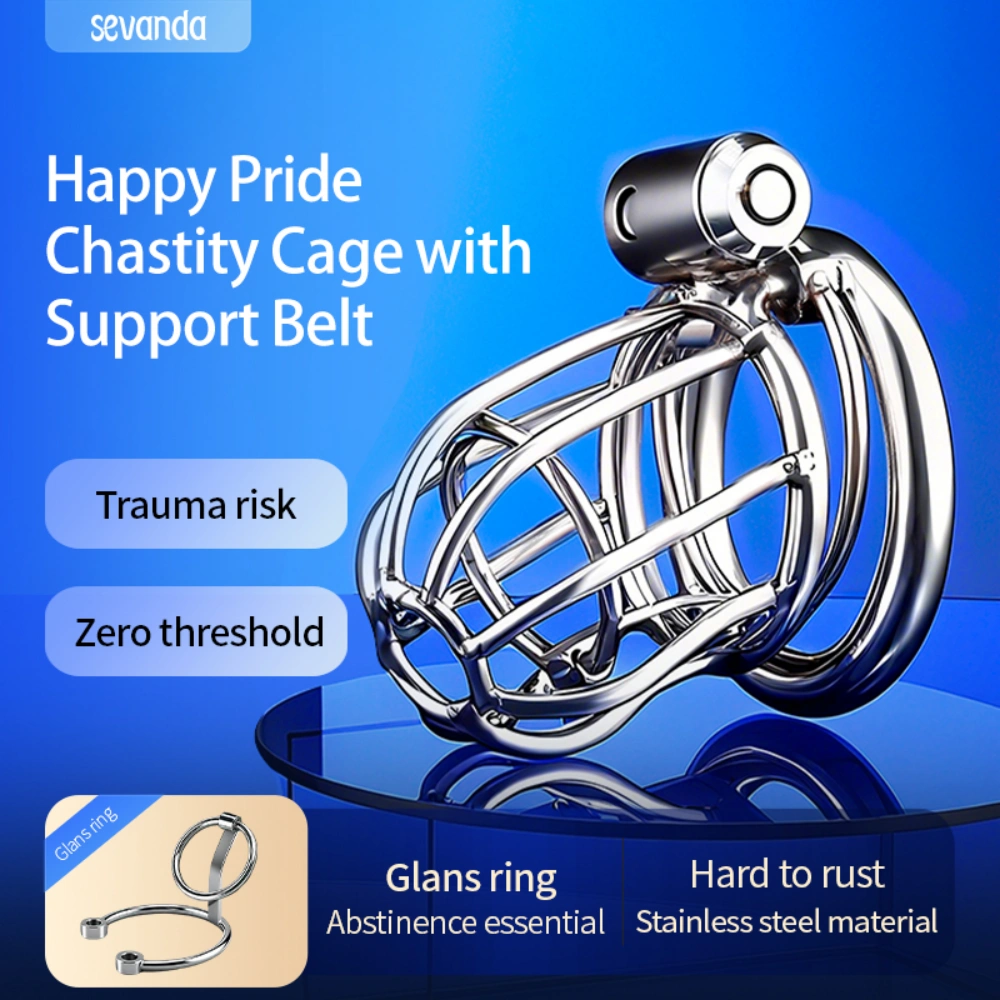 Sevanda Happy Pride Stainless Steel Chastity Cage with Support Belt For BDSM Play