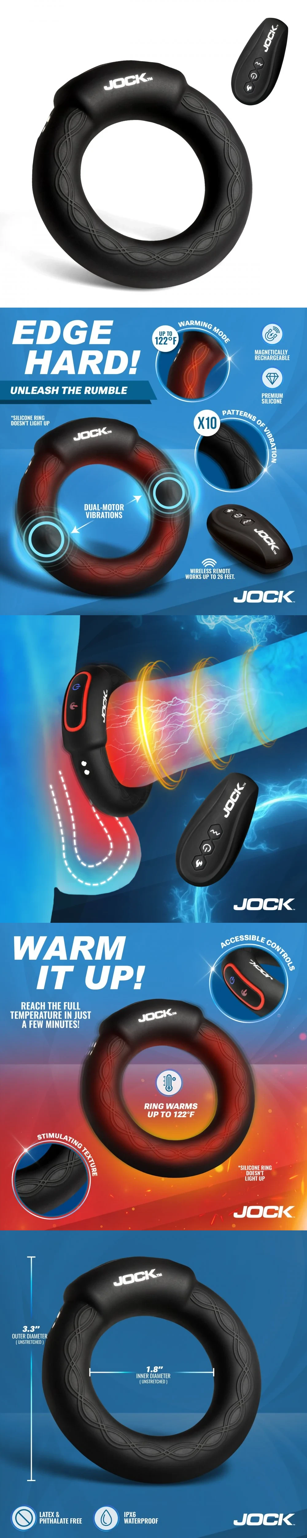 Jock rumbler vibrating and warming c-ring black silicone