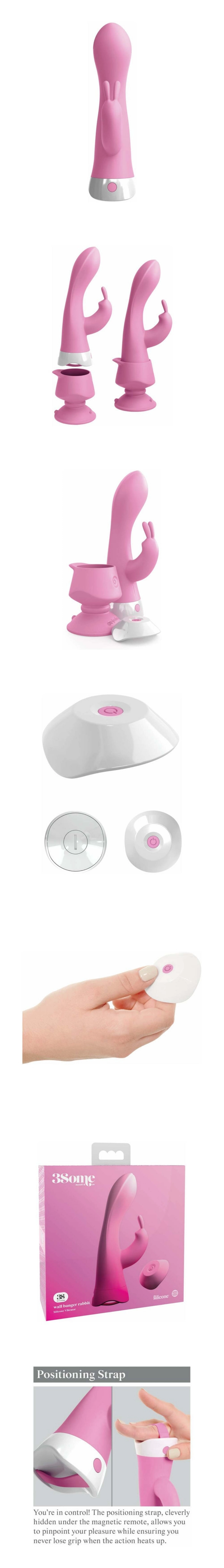 Pipedream pink rabbit vibrator with suction cup attached to smooth wall surface for hands-free pleasure