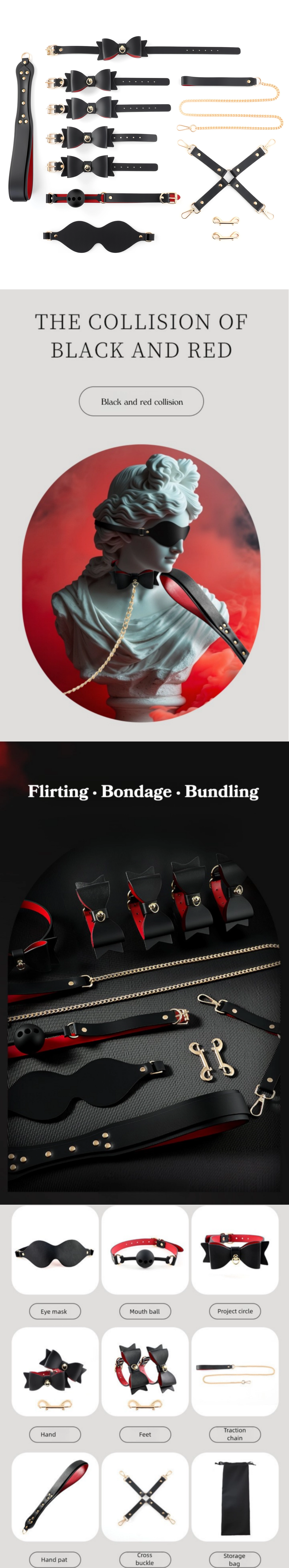 Venusfun red black bdsm bondage set for couples with blindfold gag collar cuffs paddle
