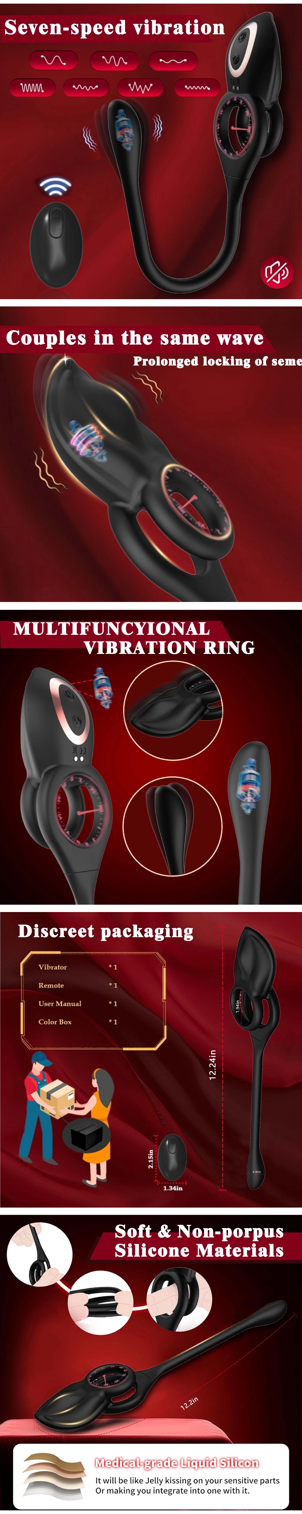 Venusfun dual ring vibrating cock ring with remote rechargeable waterproof silicone