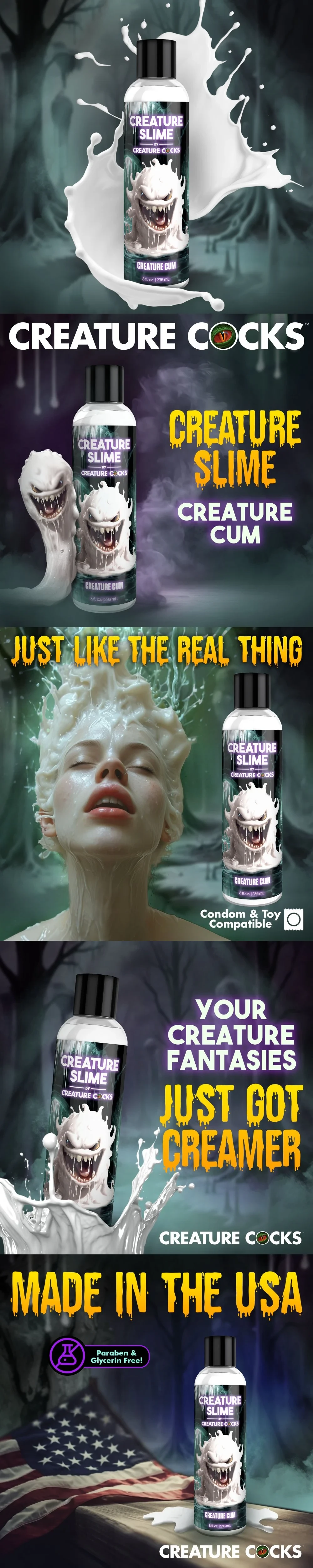 XR Brands Creature Slime Cum thick gooey water based unscented lubricant bottle and texture close-up
