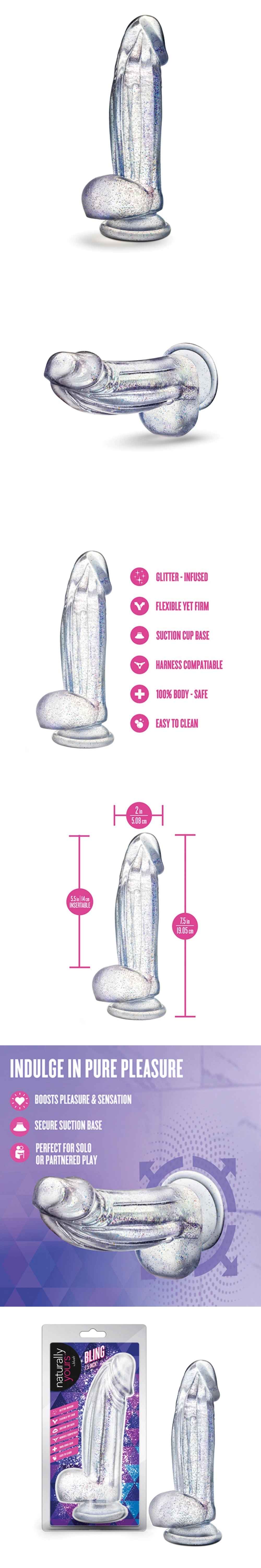blush naturally yours bling sparkling clear dildo with suction base