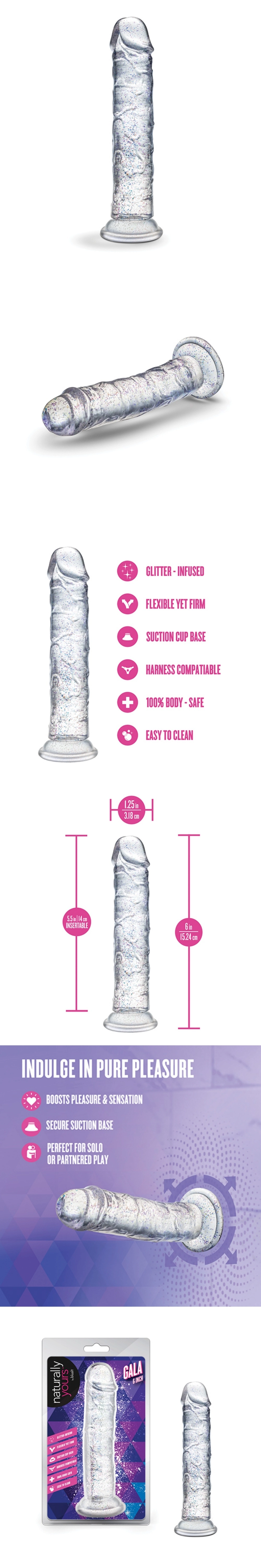 blush naturally yours gala sparkling clear dildo with suction base waterproof flexible