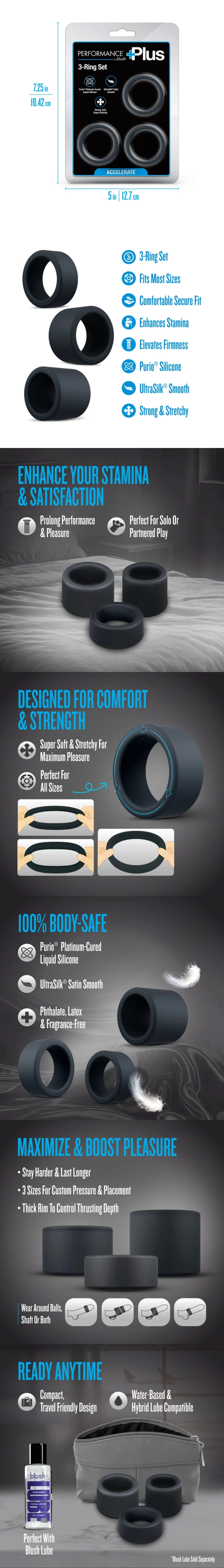 blush performance plus accelerate black penis rings set for enhanced pleasure and stamina
