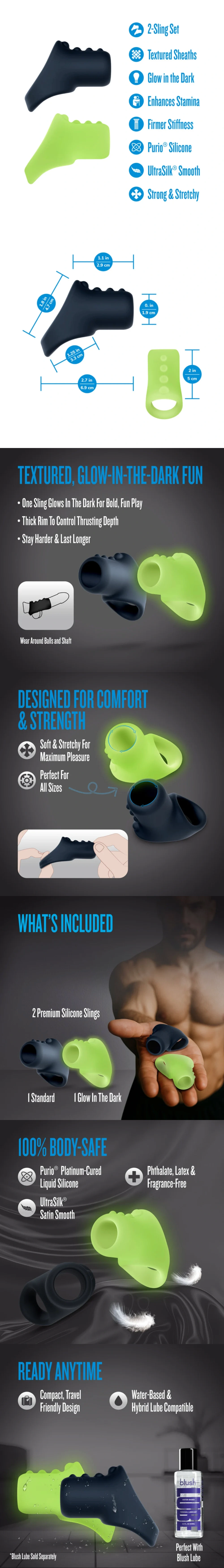 blush purio silicone cocksling penis sleeve extenders glow in the dark stamina enhancer rings