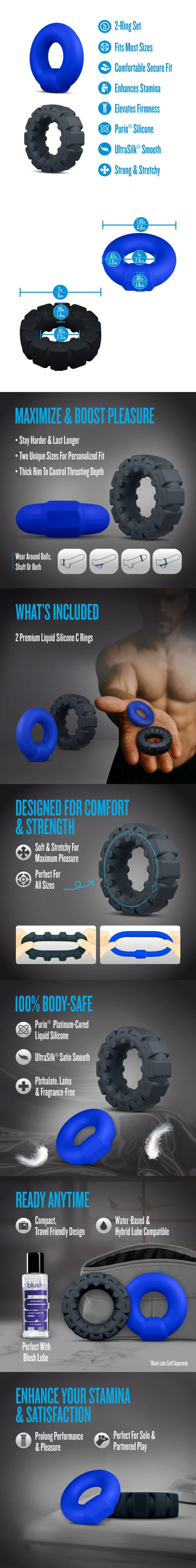 blush stretchy silicone textured penis rings for stamina and partner pleasure