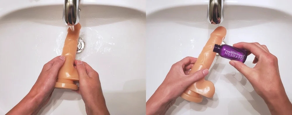 Cleaning adult toy under warm running water with mild soap
