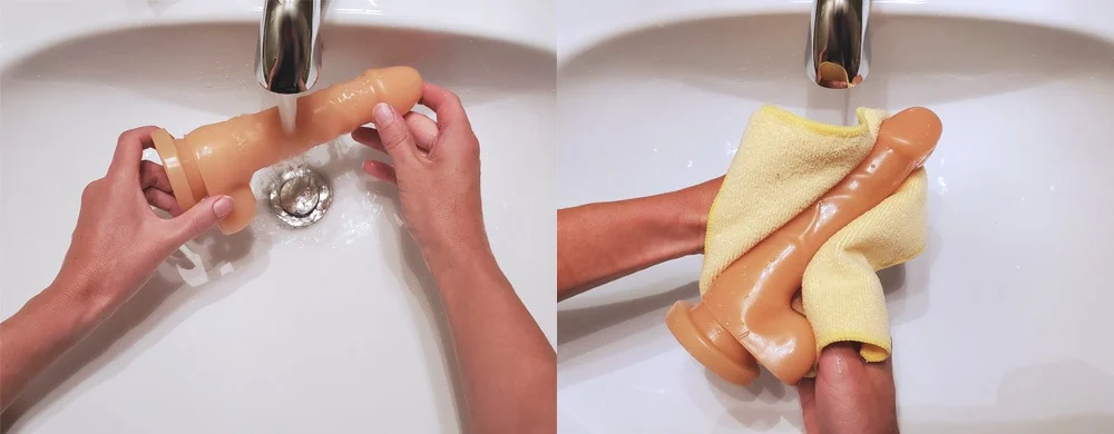 Cleaning a waterproof vibrator carefully with a damp, soapy cloth, avoiding charging ports and switches