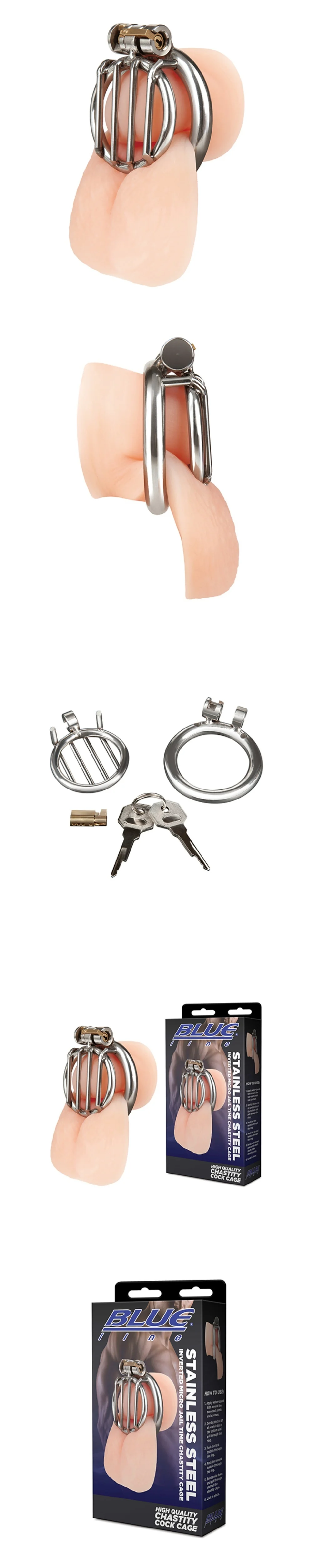 blue line stainless steel inverted micro jail time male chastity cage secure extreme control