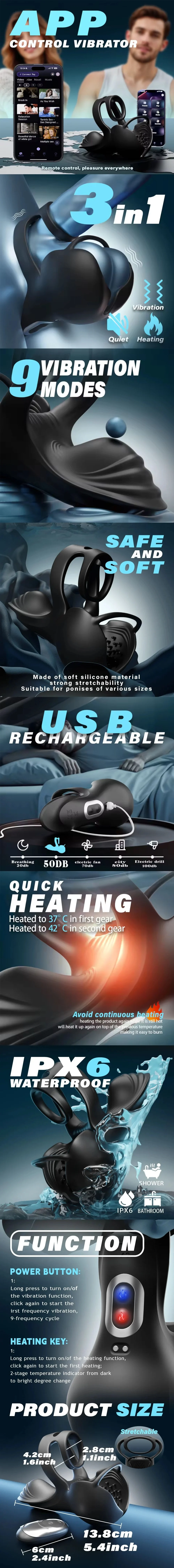 venusfun app controlled vibrating cock ring with heating and dual testicle lock