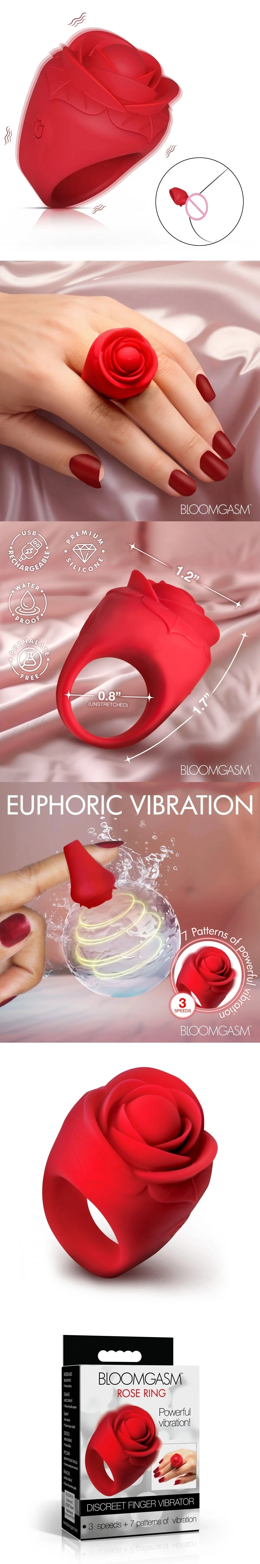 xr brands rose ring finger vibrator premium silicone wearable toy for couples discreet