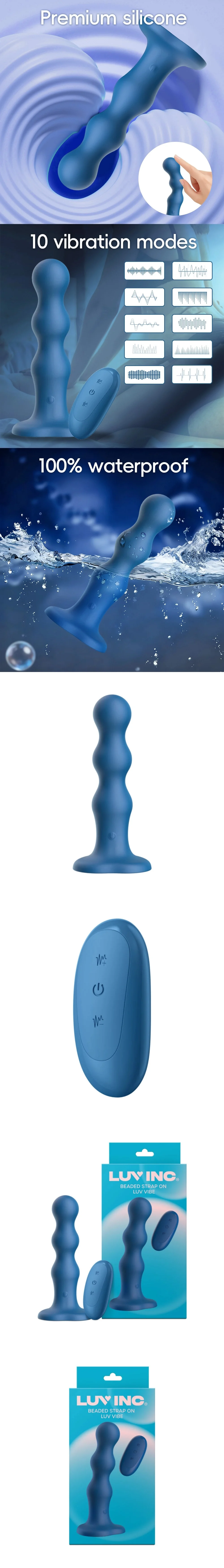 luv inc bs38 beaded strap-on vibrator remote control silicone vibrating anal toy blue