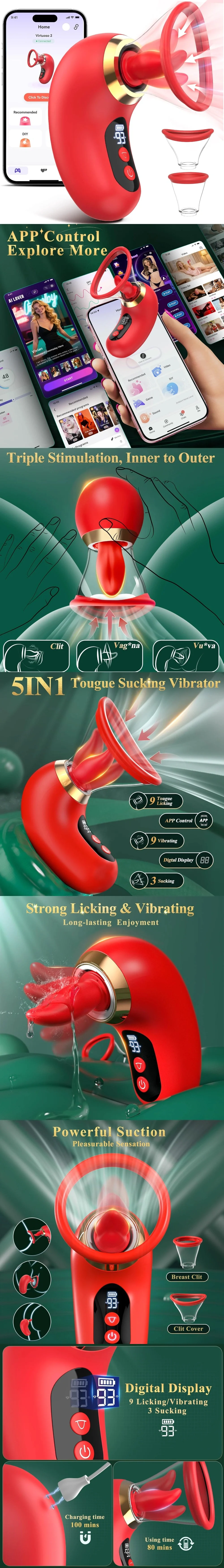 venusfun app controlled licking and sucking vibrator with lcd display for g spot clitoral play