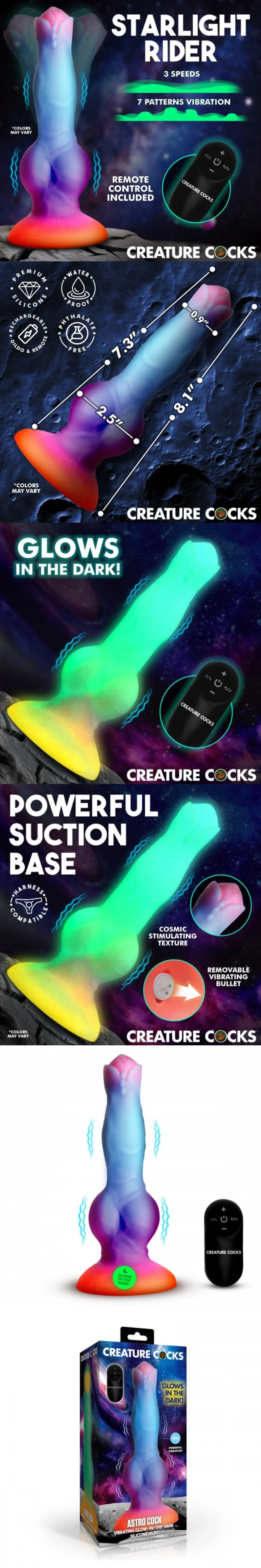 xr brands creature cocks astro cock 8.1 inch colorful glow in dark silicone fantasy dildo suction