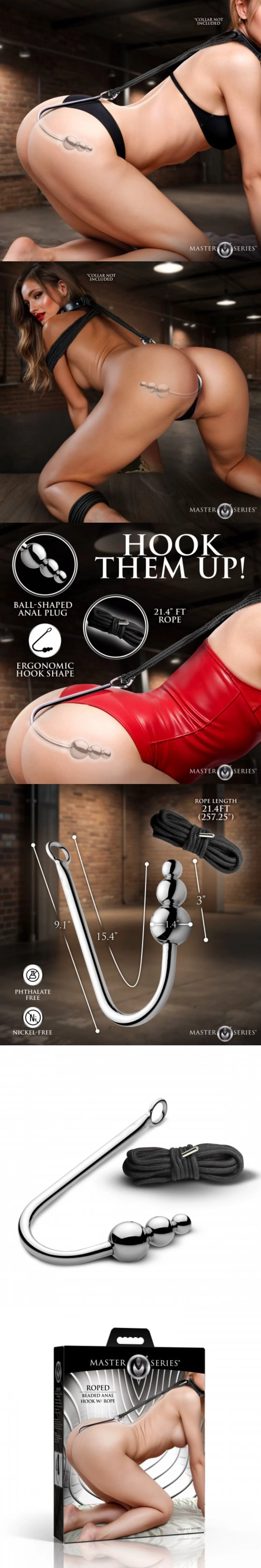 xr brands roped beaded anal hook with stainless steel balls for bdsm and shibari play