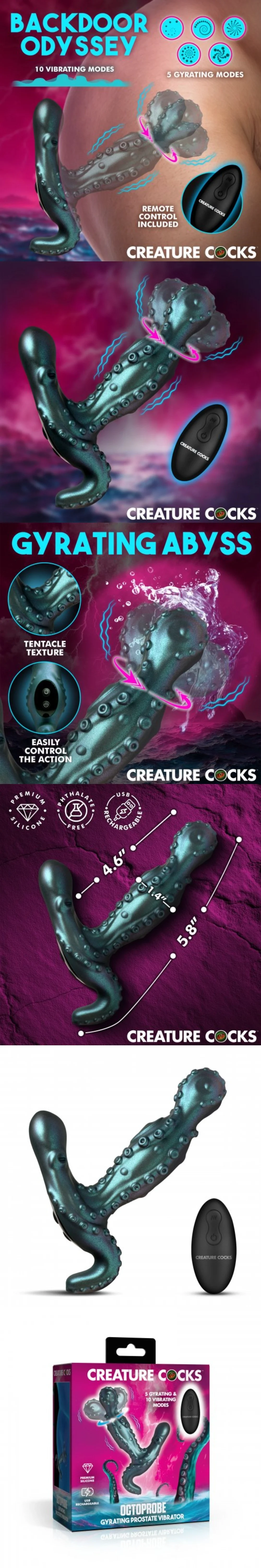 xr brands octoprobe gyrating prostate vibrating anal toy deep blue tentacle for men
