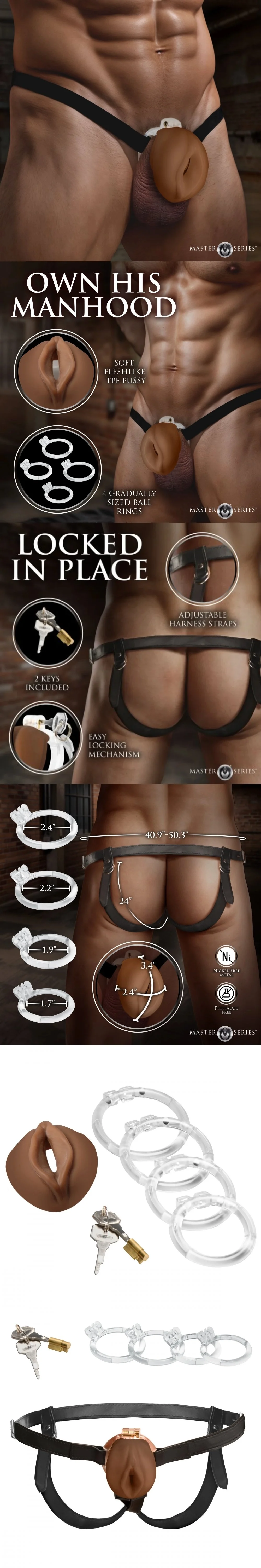 xr brands sissification pussy chastity cage brown with 4 ball rings and secure lock