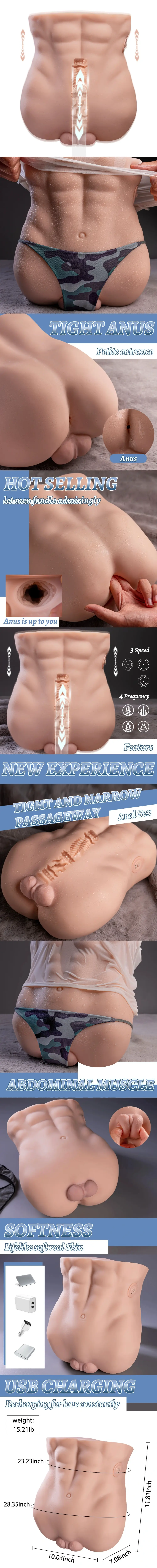 hebe gay male abs torso sex doll 15.21 lbs telescopic anal masturbator 4 vibration modes