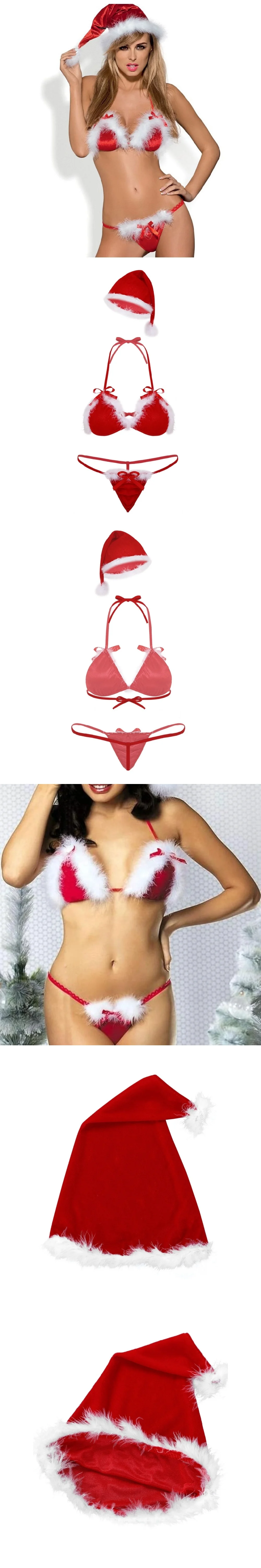 venusfun 3 piece christmas lingerie women micro bikini set with furry trim and santa hat