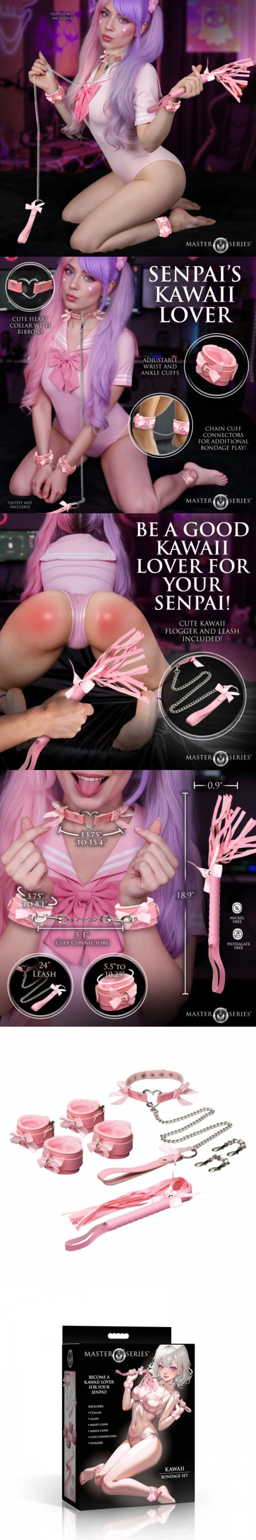 xr brands playful kawaii bondage kit pink vegan leather cuffs collar leash and flogger