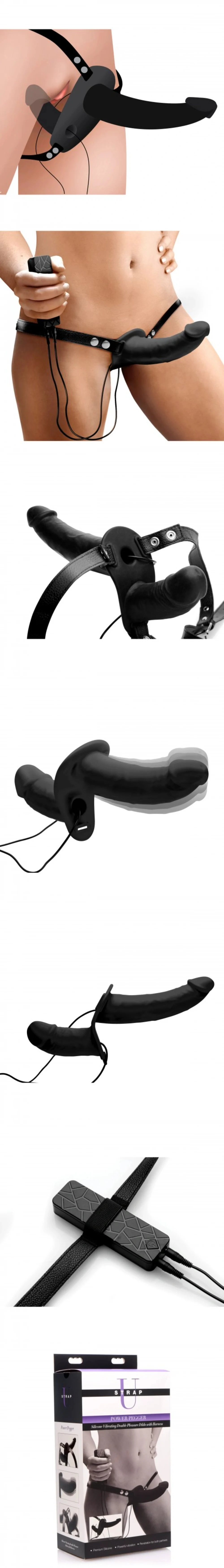 XR Brands Power Pegger delivers shared pleasure with dual vibrating silicone dildos, adjustable harness, and 10 vibration modes for couples. xr brands power pegger vibrating double dildo strap on harness for couples play
