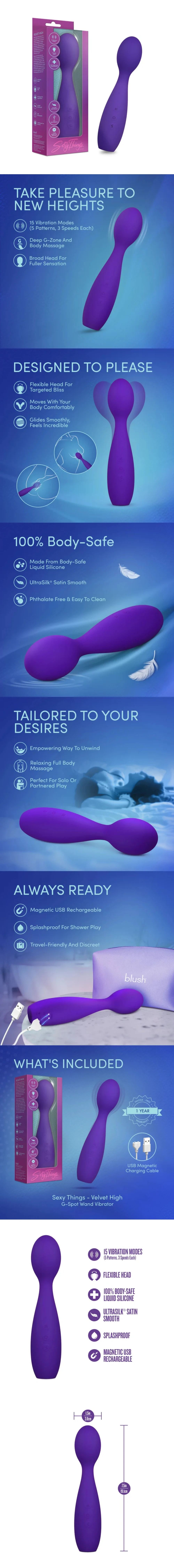 blush sexy things velvet high wand massager for women 15 modes ultrasilk body safe touch