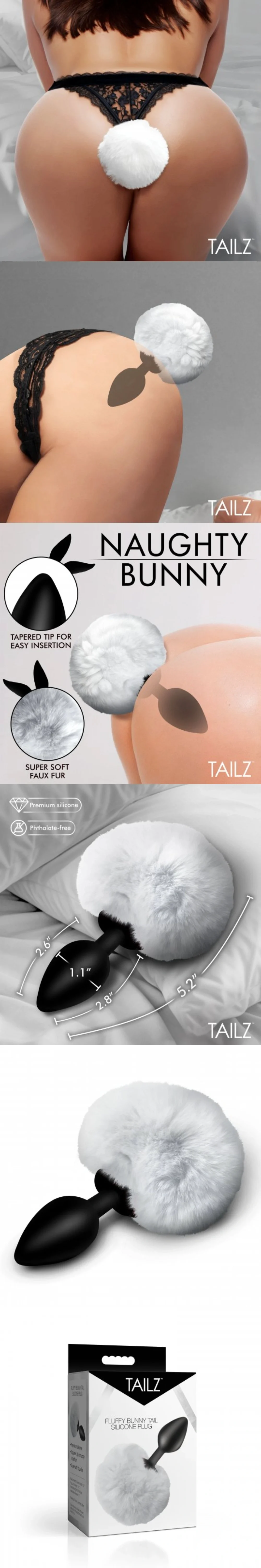 xr brands soft bunny tail silicone plug with faux fur tail flexible tapered tip for women fantasy roleplay