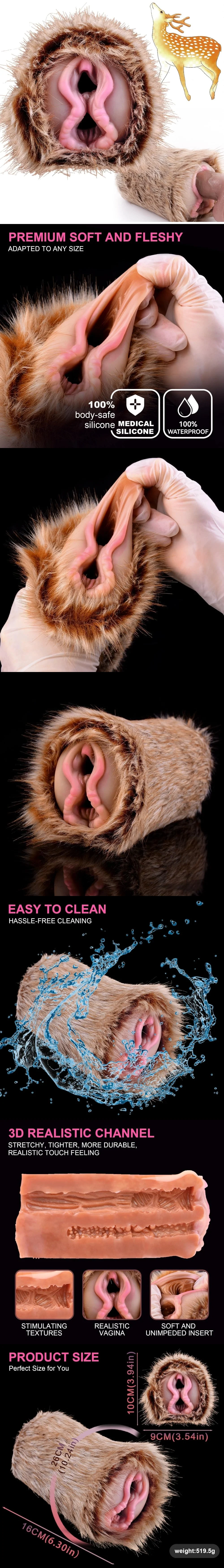 geeaba animal pussy deer male masturbator dual channel 3d ribbed tunnel plush soft silicone