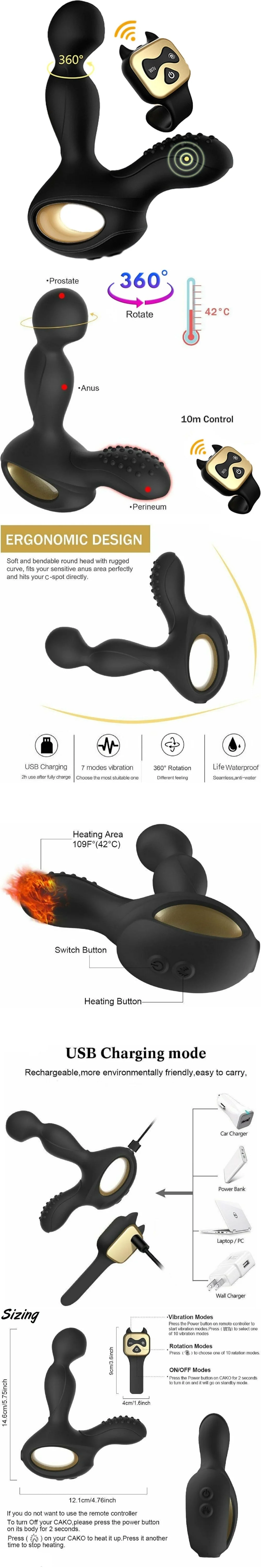 heated silicone prostate massager men rotating dual motor