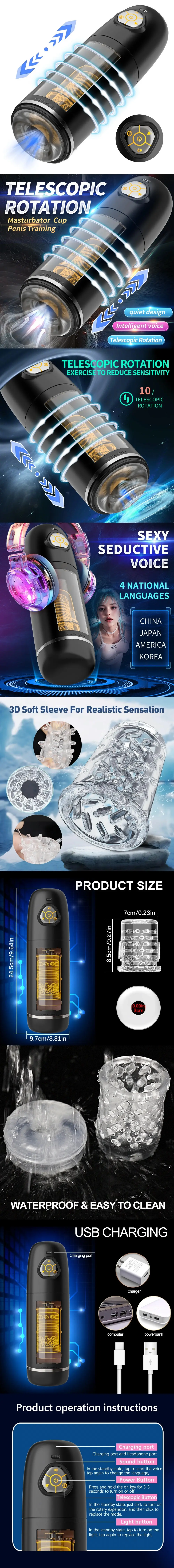 venusfun telescopic rotation male masturbator 3d soft sleeve intelligent voice penis training