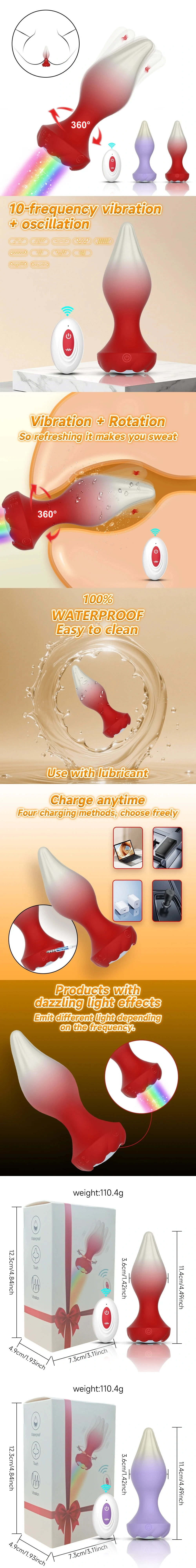 venusfun remote control rotating vibrating silicone anal plug with 10 modes