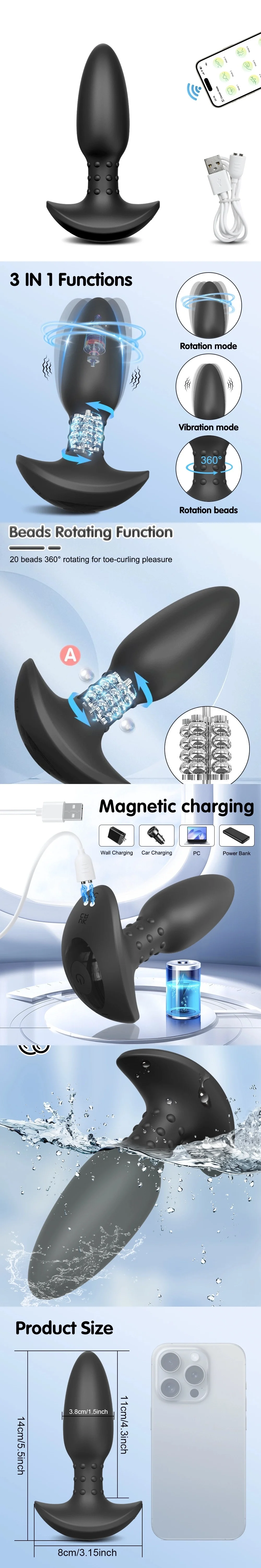 venusfun app wireless anal plug 360° rotating head 10 vibration modes silicone prostate massager for men