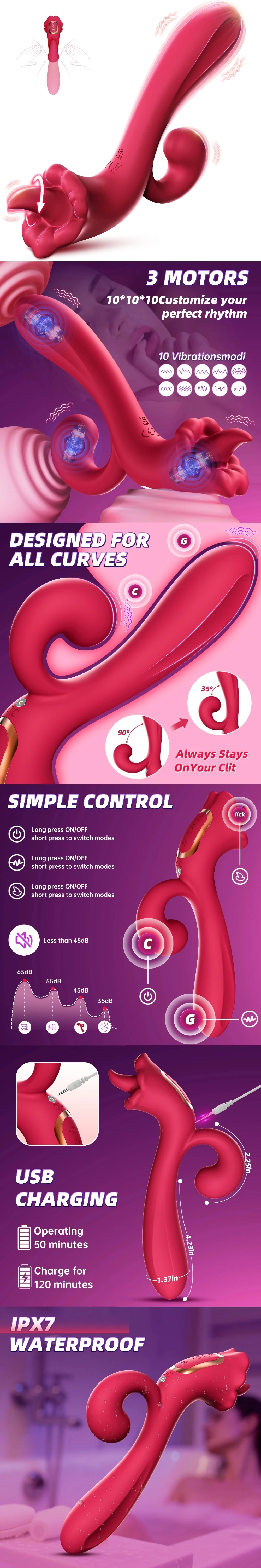 venusfun clitoral rose vibrator tongue licking massager full view 3 motors 10 modes for women