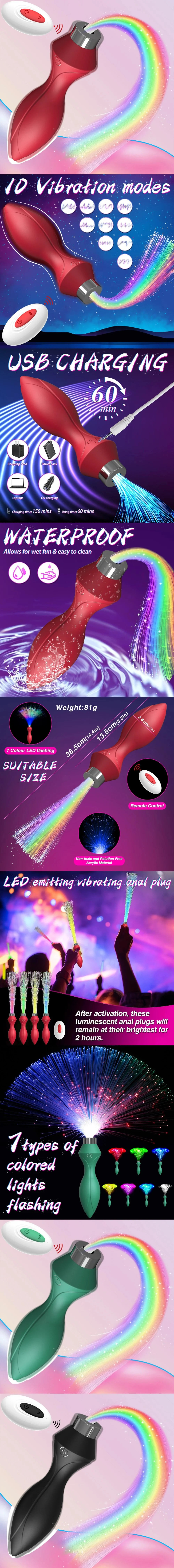 venusfun led anal plug remote control vibrator with 10 vibration types and 7 light modes