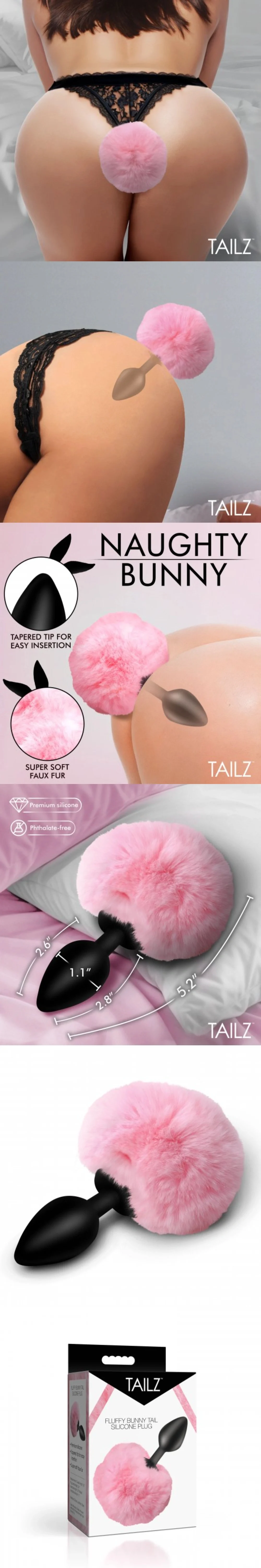 xr brands fluffy bunny tail silicone plug pink tapered tip soft insertable