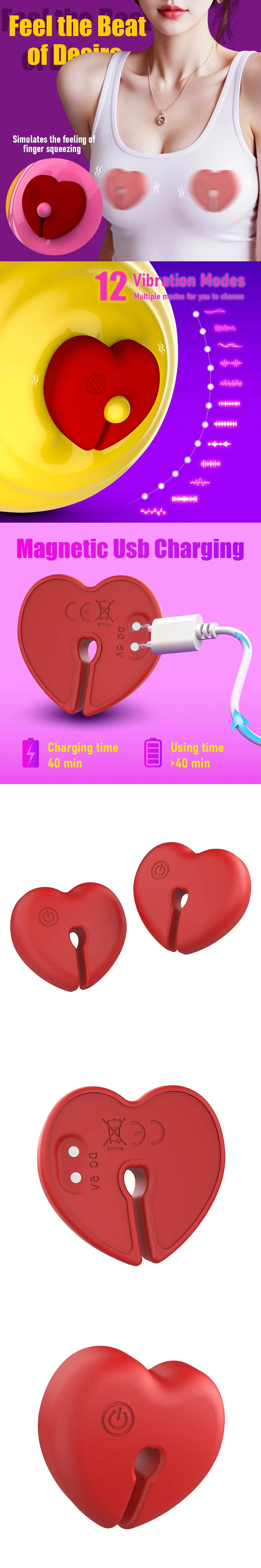 venusfun heart shaped bsdm vibrator nipple toys 12 modes silicone multi function for women
